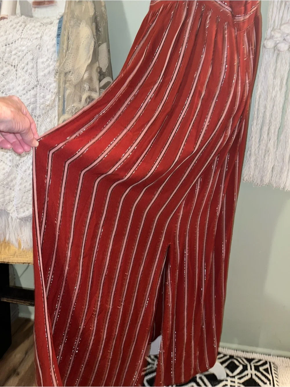 Adjustable Straps V-Neck Striped Maxi Dress in Deep Burgundy - Picture 8 of 12